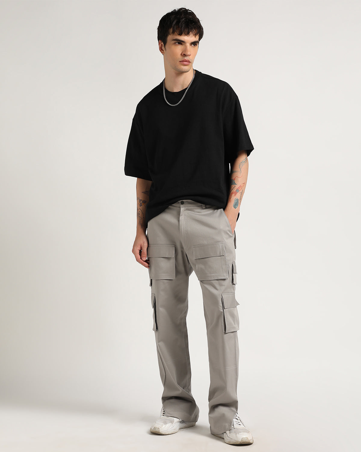 Biodegradable Grey 10 Pockets Cargo Pants With A Slit