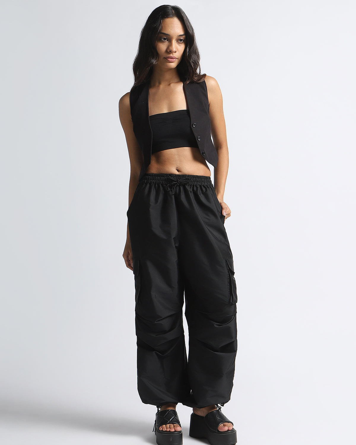 Recycled  Parachute Cargo Pants-Black