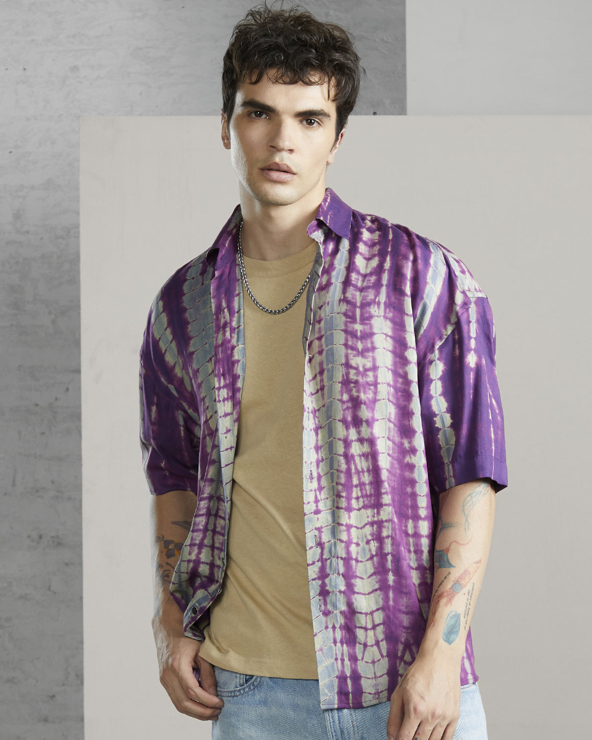 Purple And Grey Tencel Oversized Tye Dye Drop Shoulder Shirt