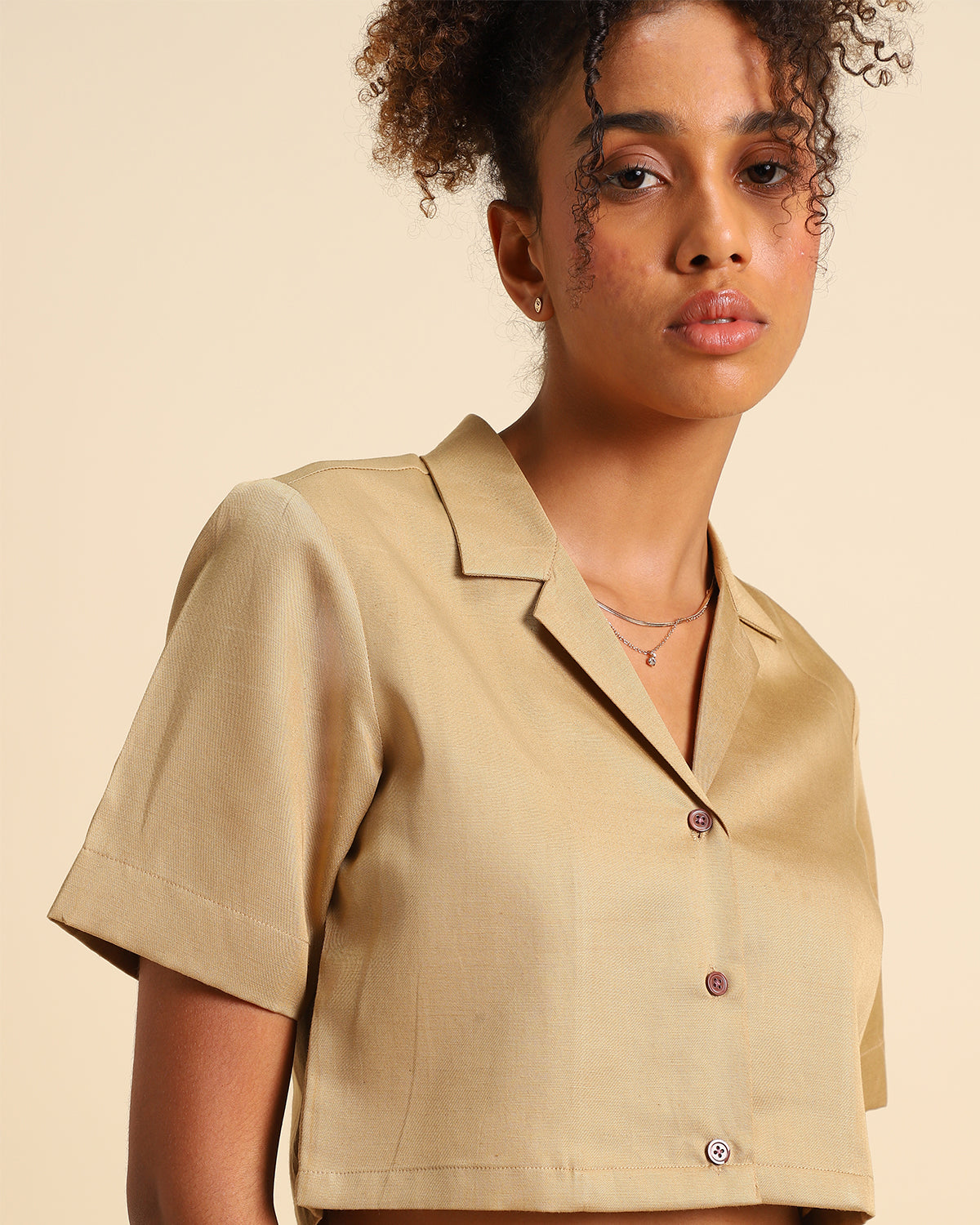 Khaki Eco-Friendly Tencel Cuban Collar Cropped Shirt