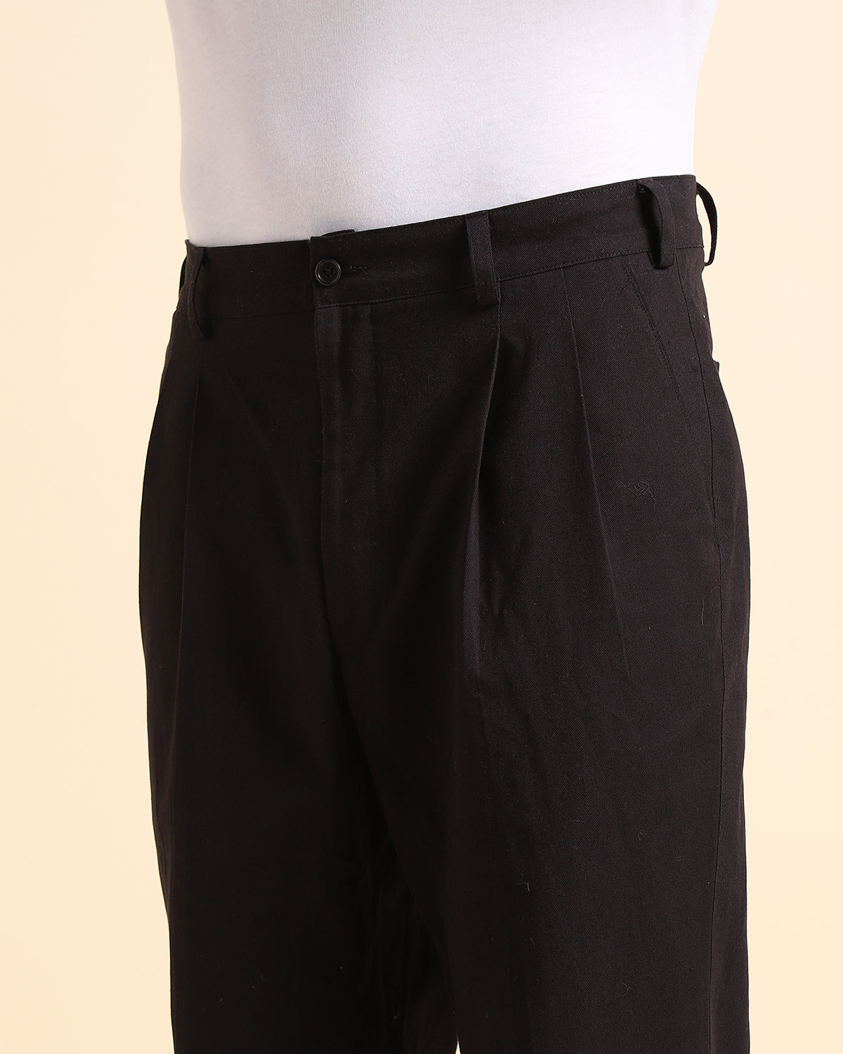 Black Flex Waist Organic Cotton  Pleated Trousers