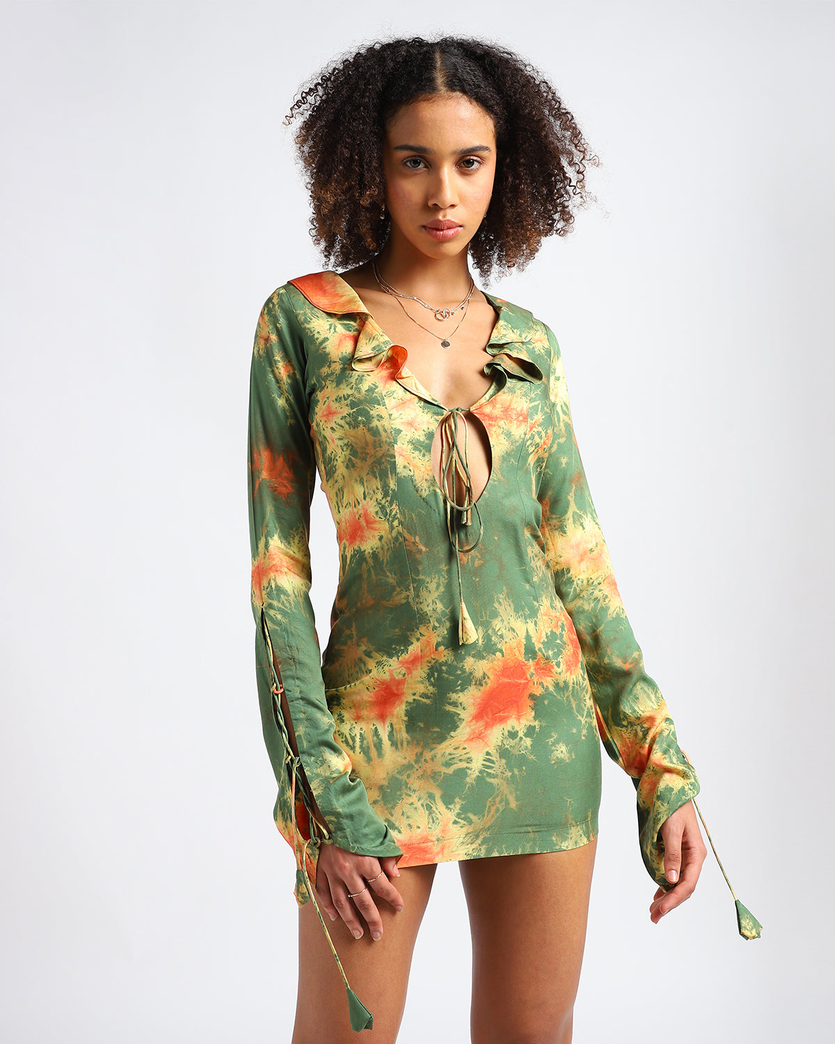 State Of Flow : Conscious Ruffled Key Hole Neck Line With Adjustable Bell Sleeves Mini Dress