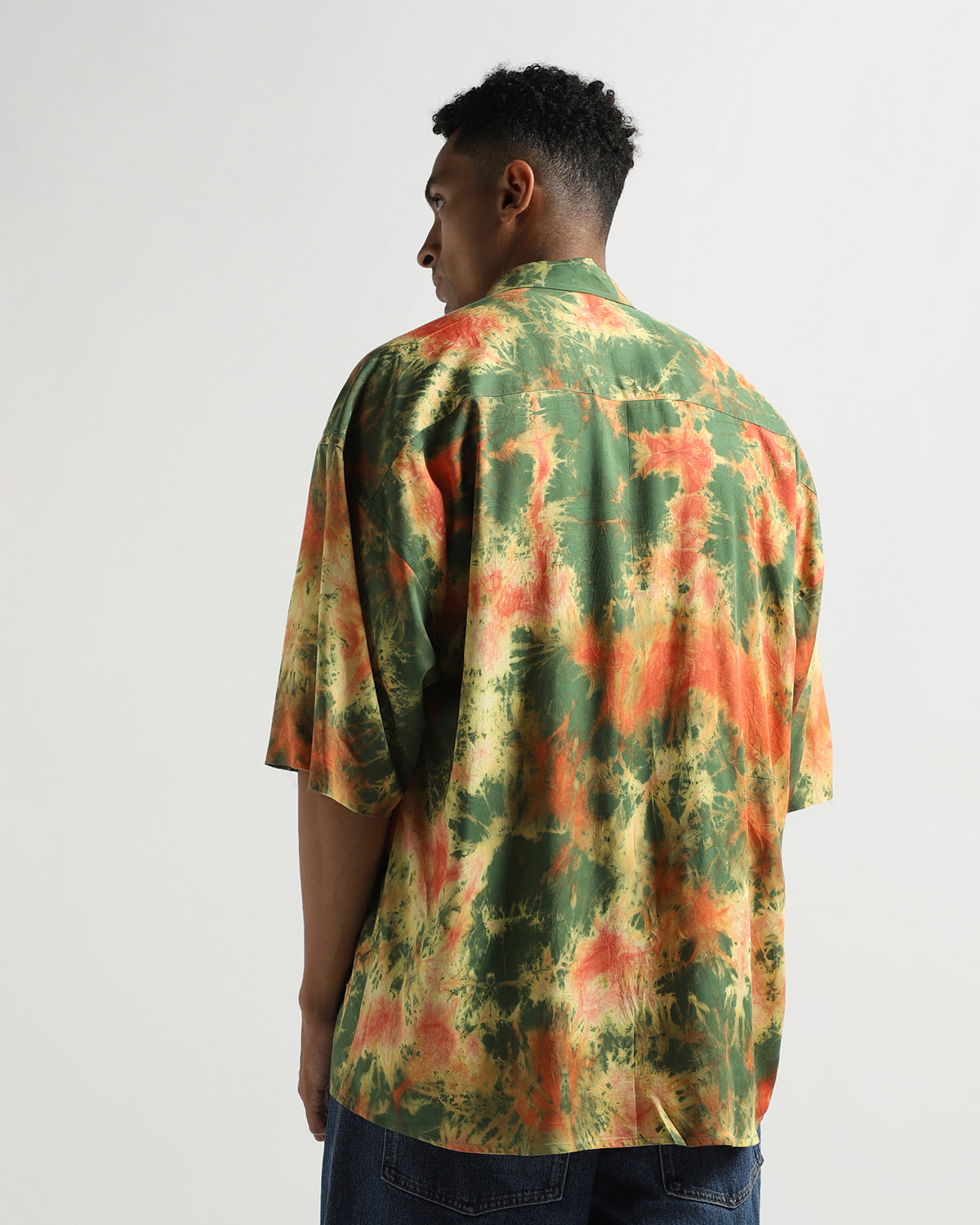 Orange And Green Marbling Tye Dye Tencel Oversized Drop Shoulder Shirt With Raw Edges