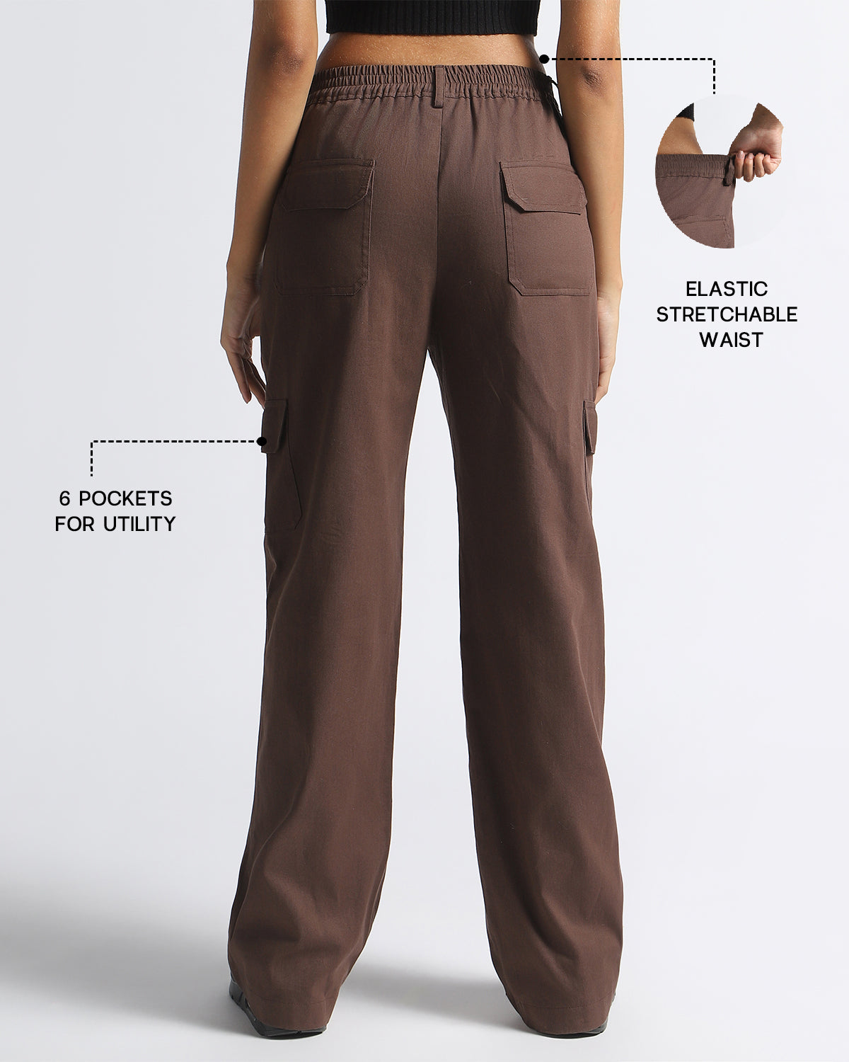 Stretch  Waist Baggy Cargo Pants-Brown