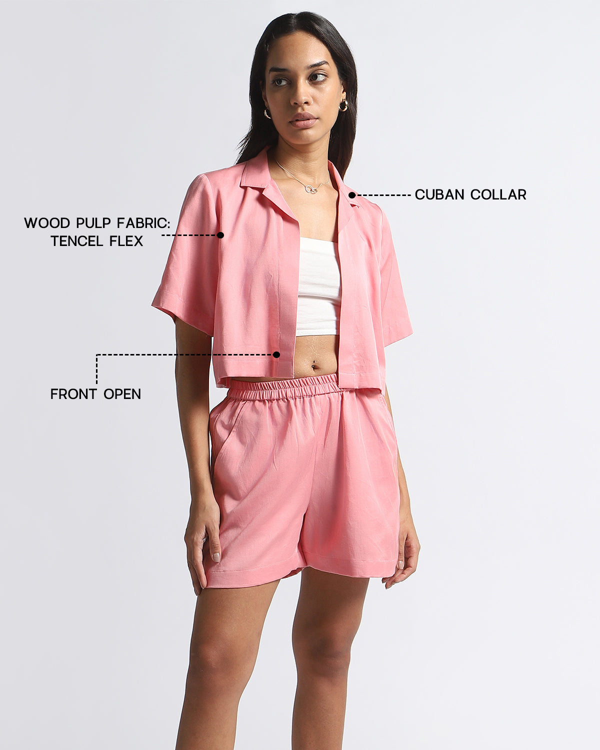 Conscious Cuban Collar Cropped Over Shirt- Pink