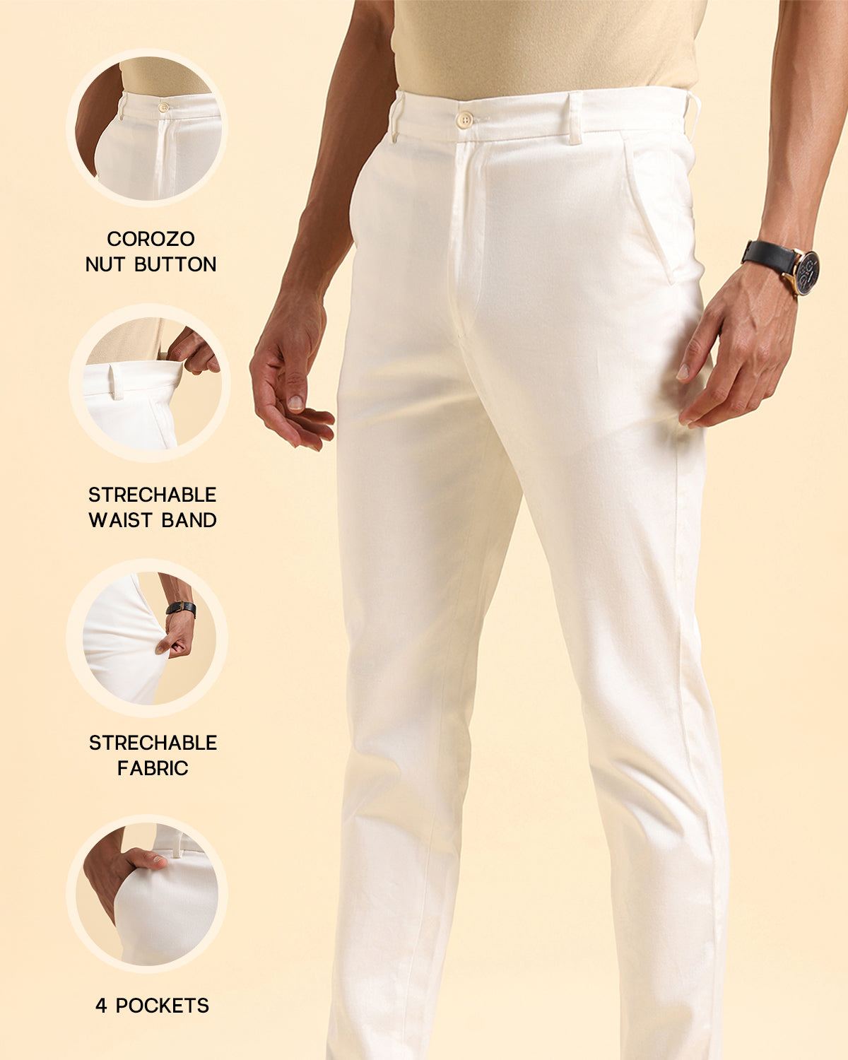 White Stretchable Organic Cotton Pants