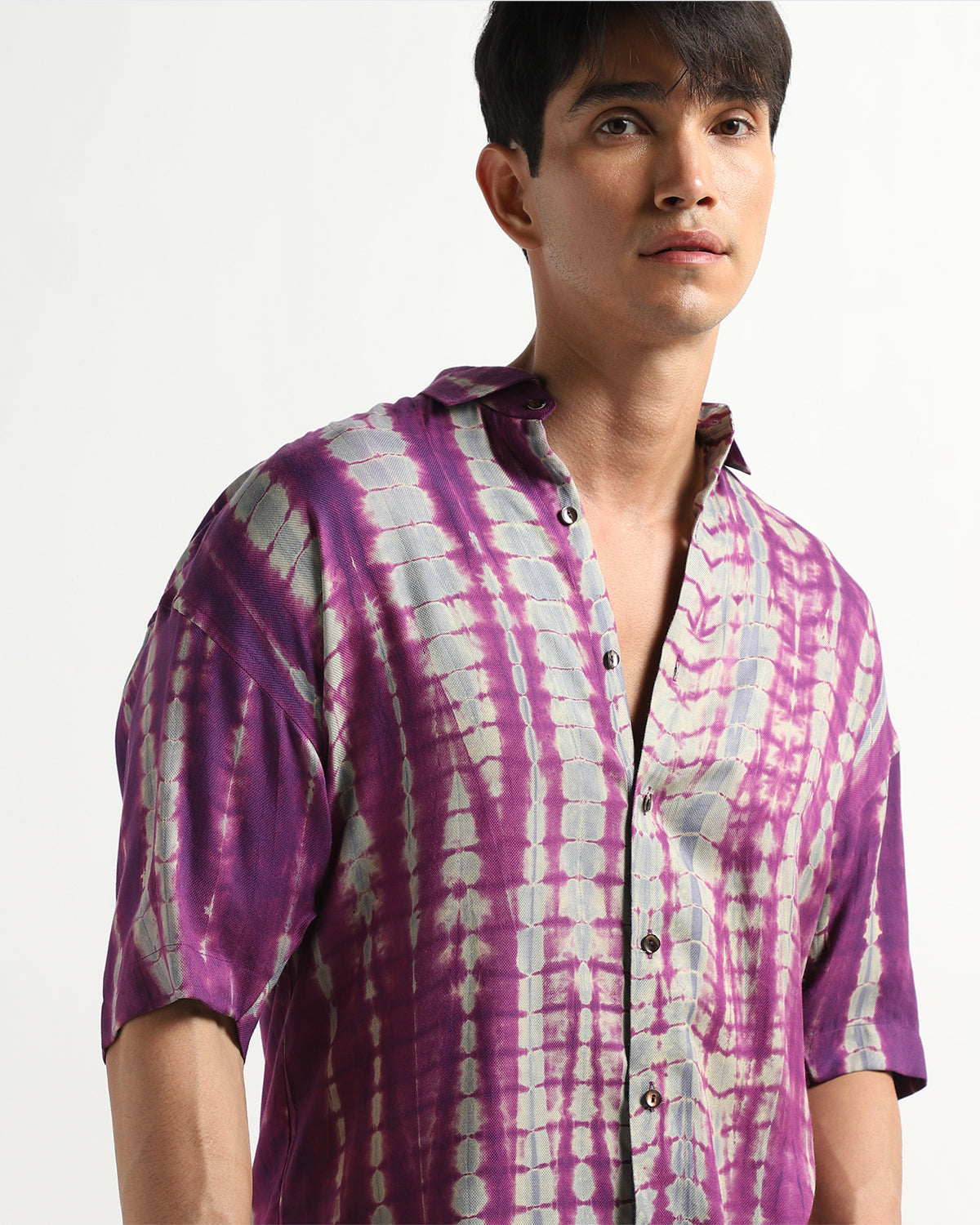 Purple And Grey Tencel Oversized Tye Dye Drop Shoulder Shirt