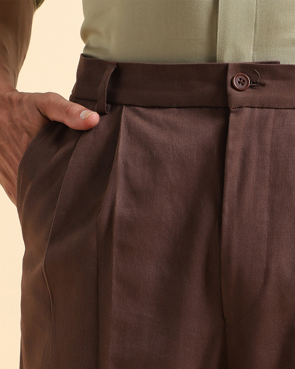 Brown Flex Waist Organic Cotton Pleated Trousers
