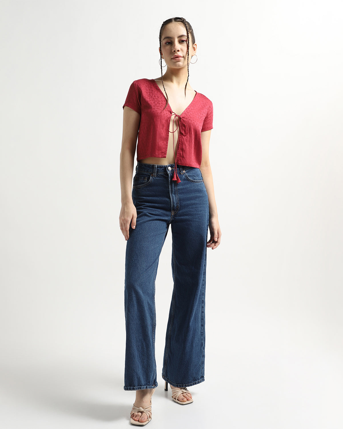 Sustainable Chic Red Cap Sleeves String Tie-Up Top