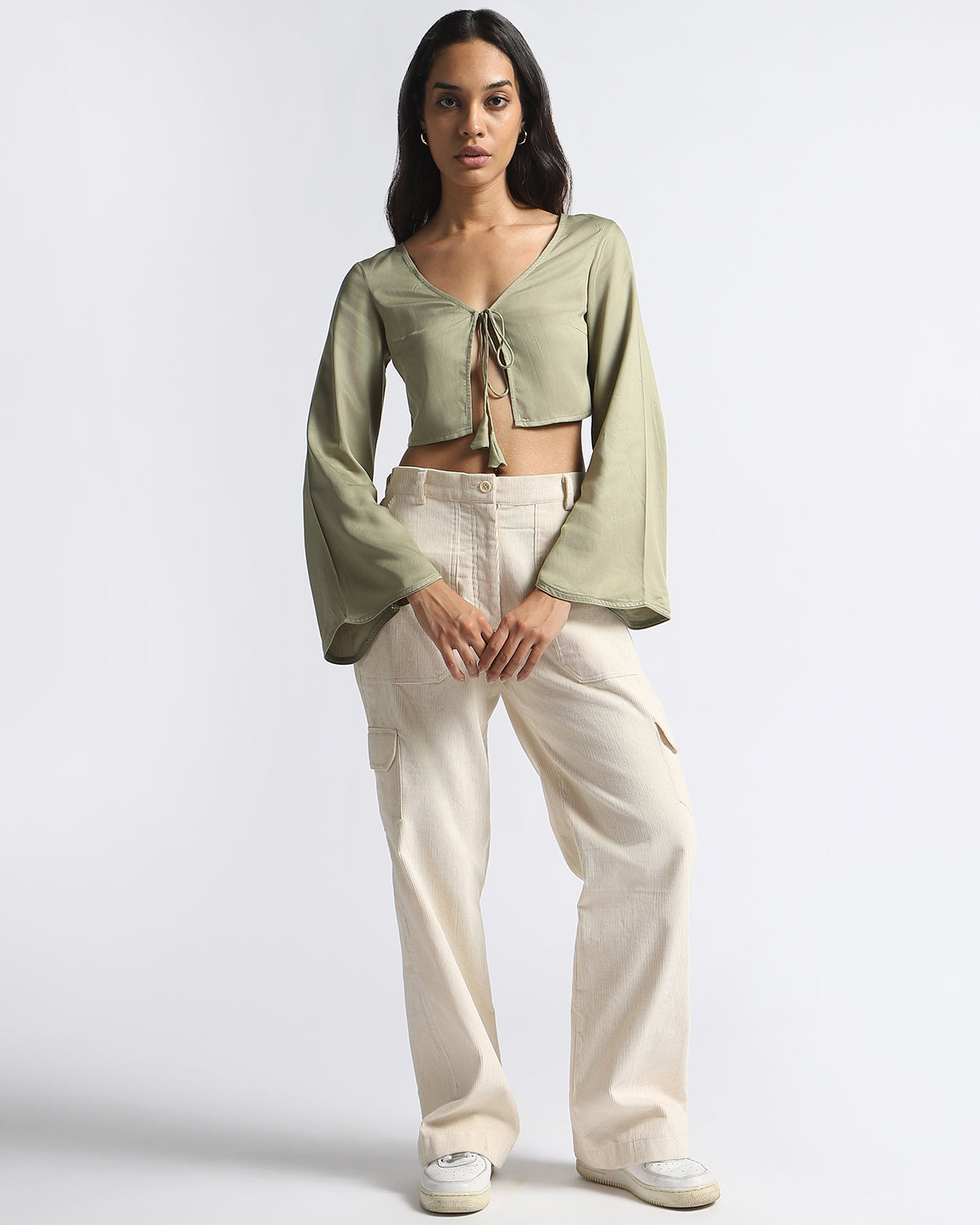 Conscious Bell Sleeves Tie-Up Top - Light Olive Green