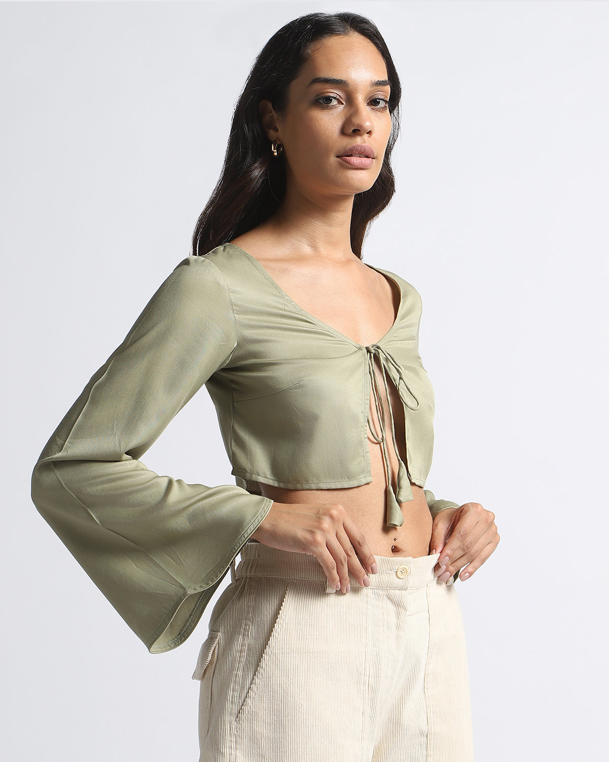 Conscious Bell Sleeves Tie-Up Top - Light Olive Green
