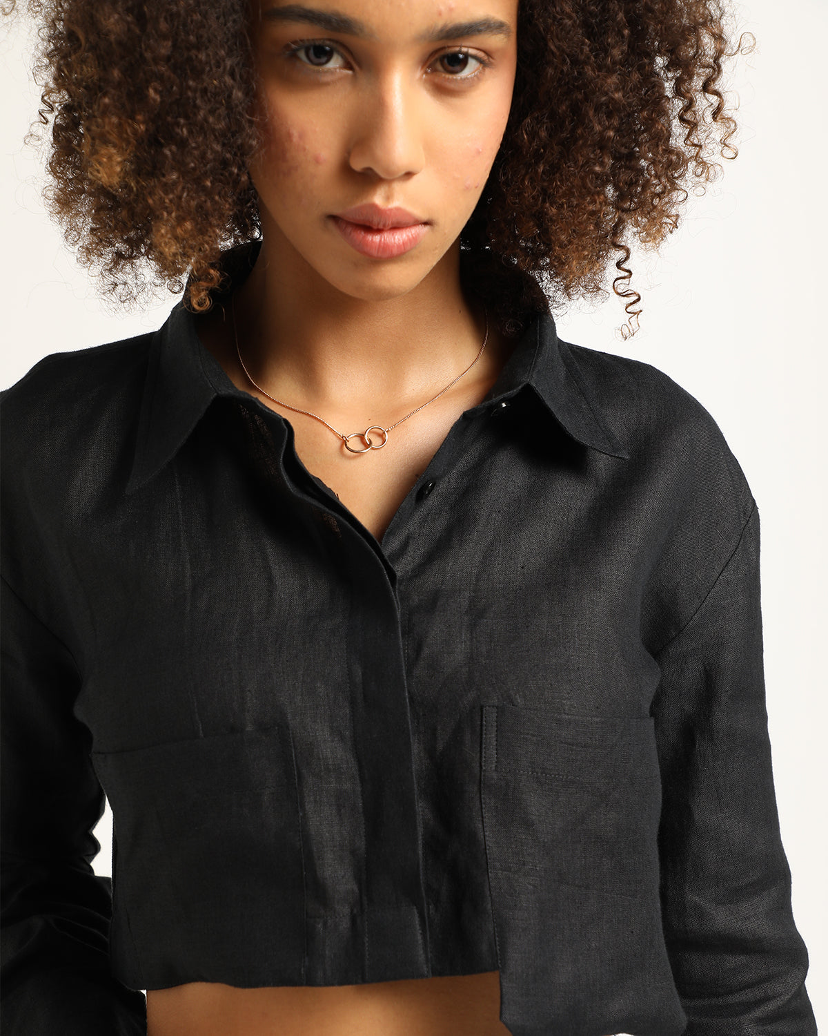 Eco-Friendly Black Hemp Oversized Pocket Full Sleeve Crop-Shirt