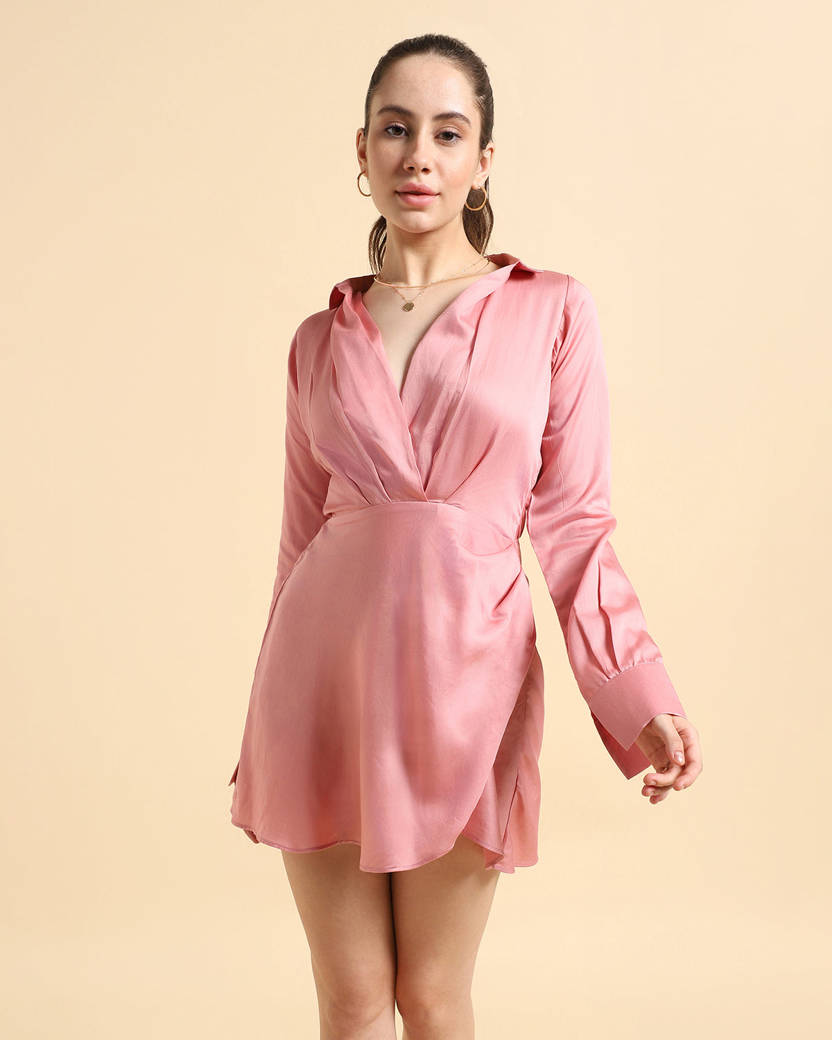 Wrapped In Love : Organic Tencel Front Open Collar Dress In Pink