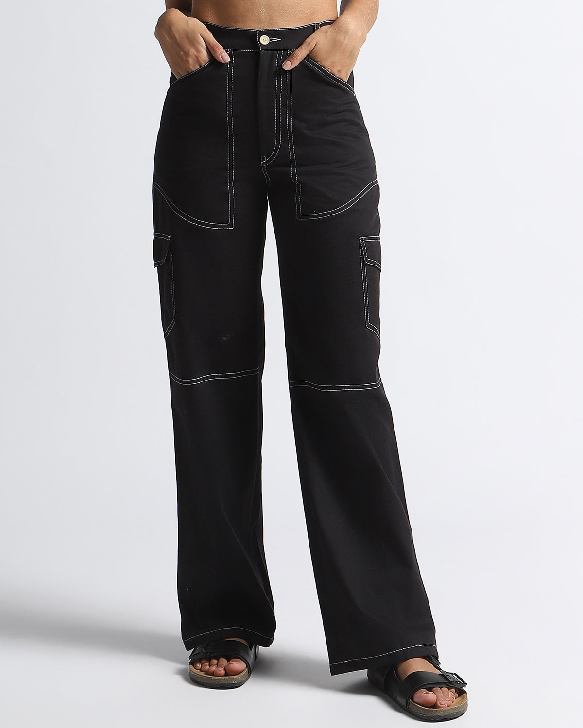 Organic Cotton Top Stitch Cargo Pants - Black