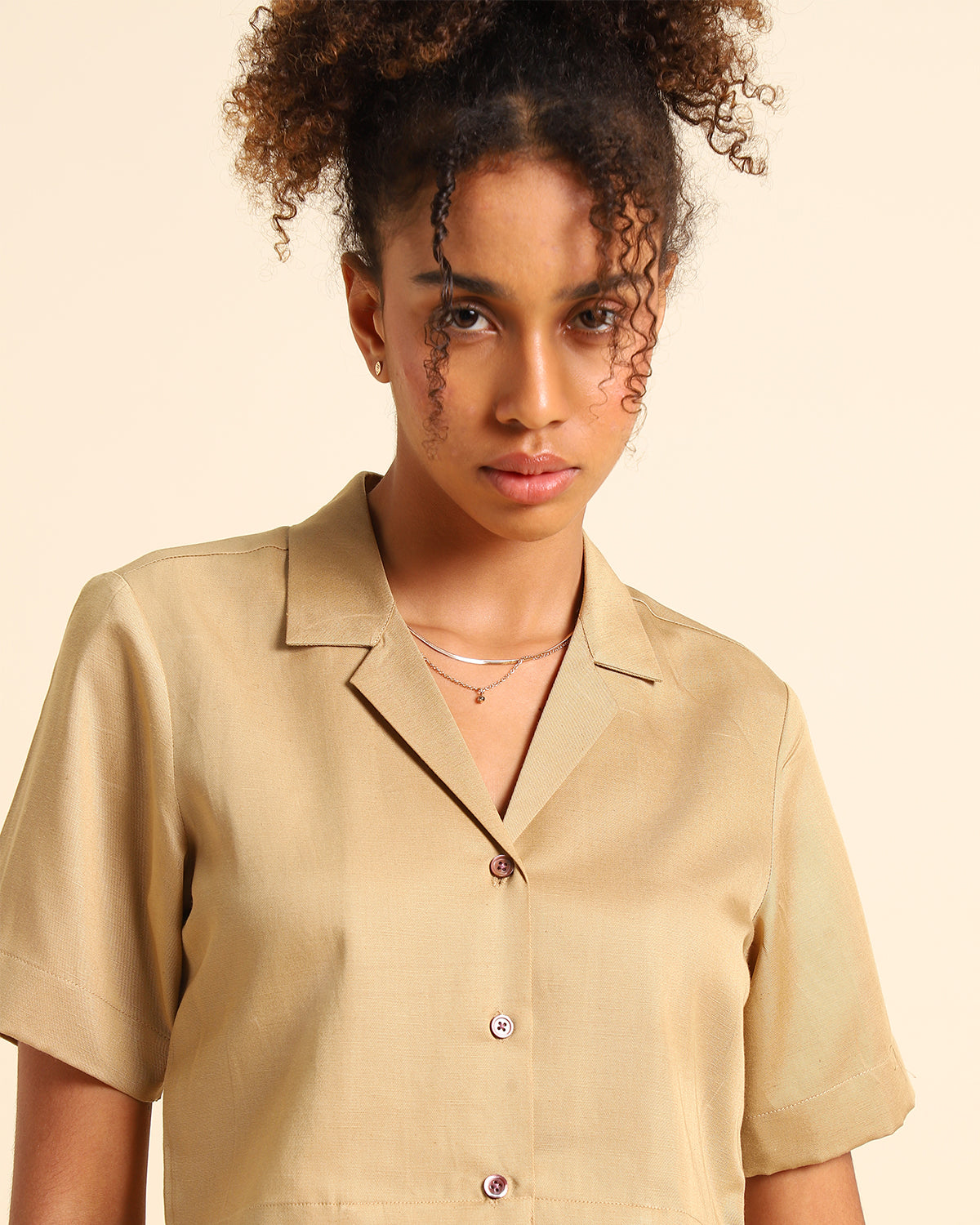 Khaki Eco-Friendly Tencel Cuban Collar Cropped Shirt