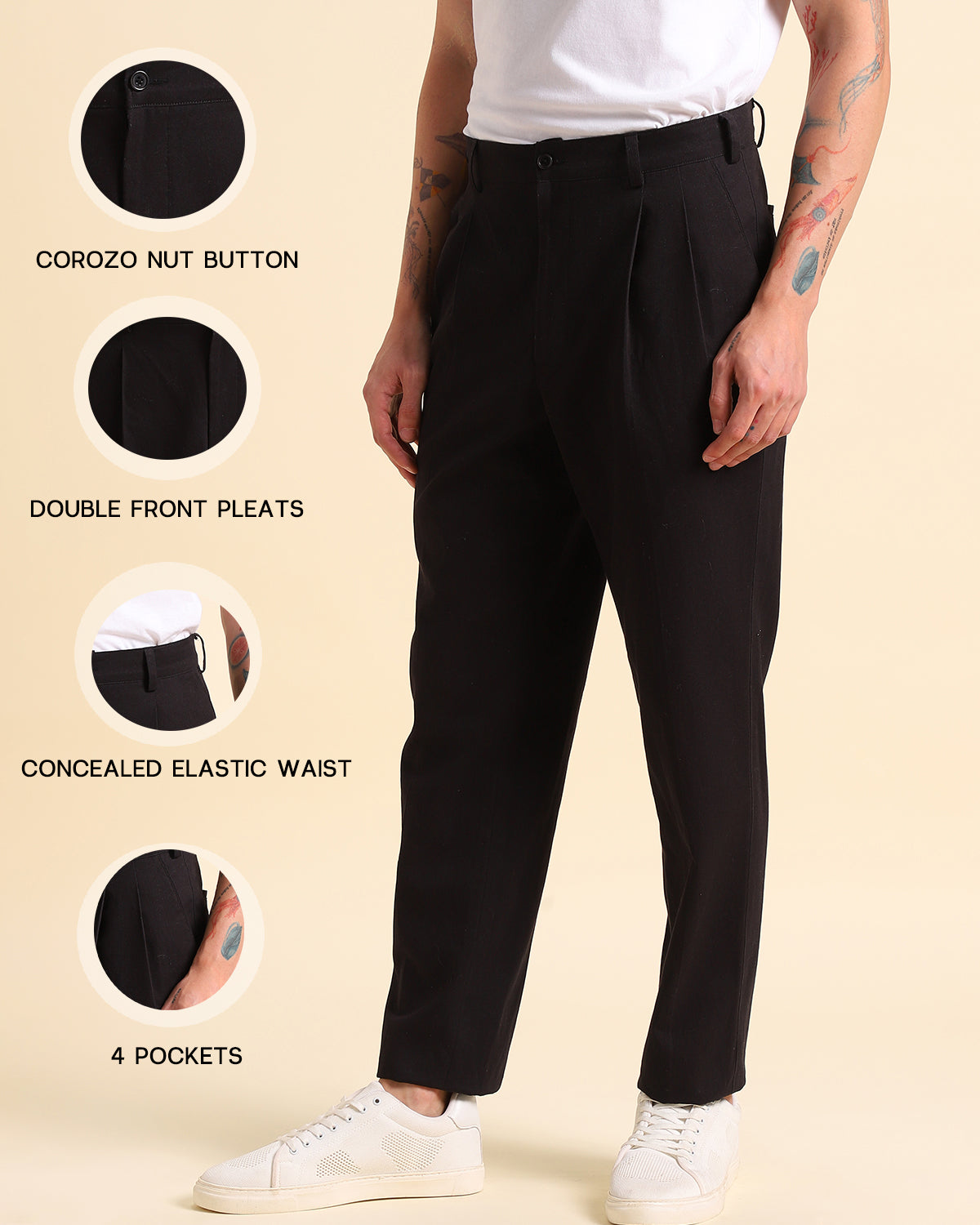 Black Flex Waist Organic Cotton  Pleated Trousers
