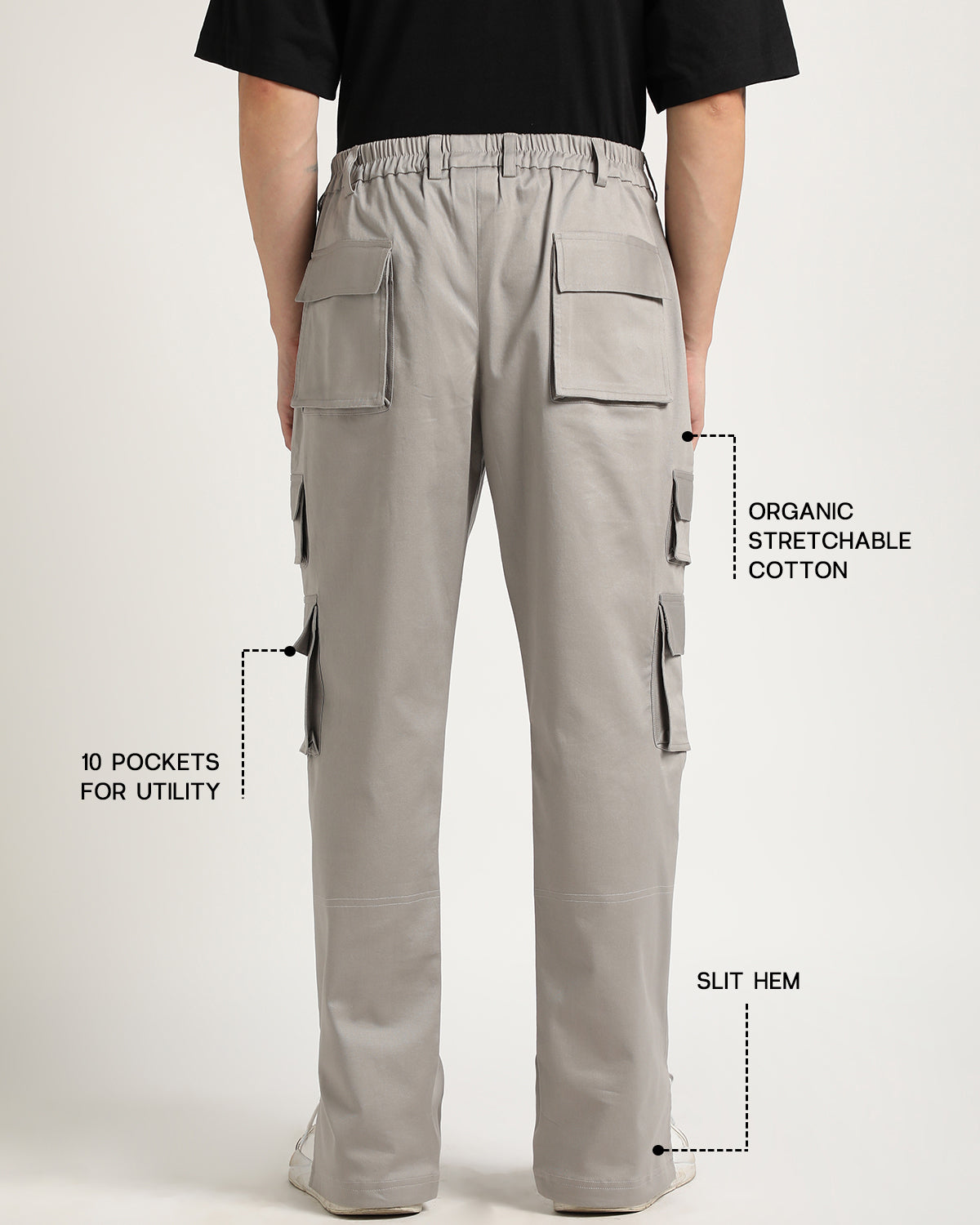 Biodegradable Grey 10 Pockets Cargo Pants With A Slit