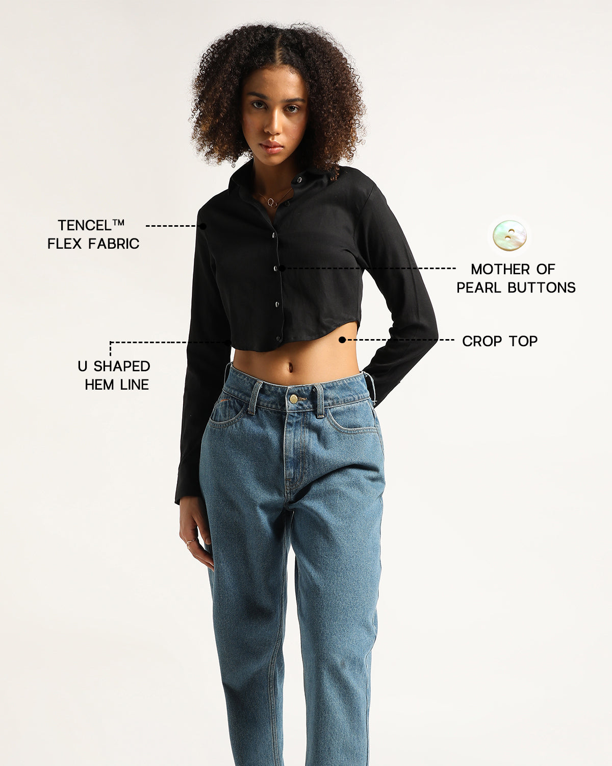 Sustainable Full-Sleeves U-Crop Tencel Shirt - Black