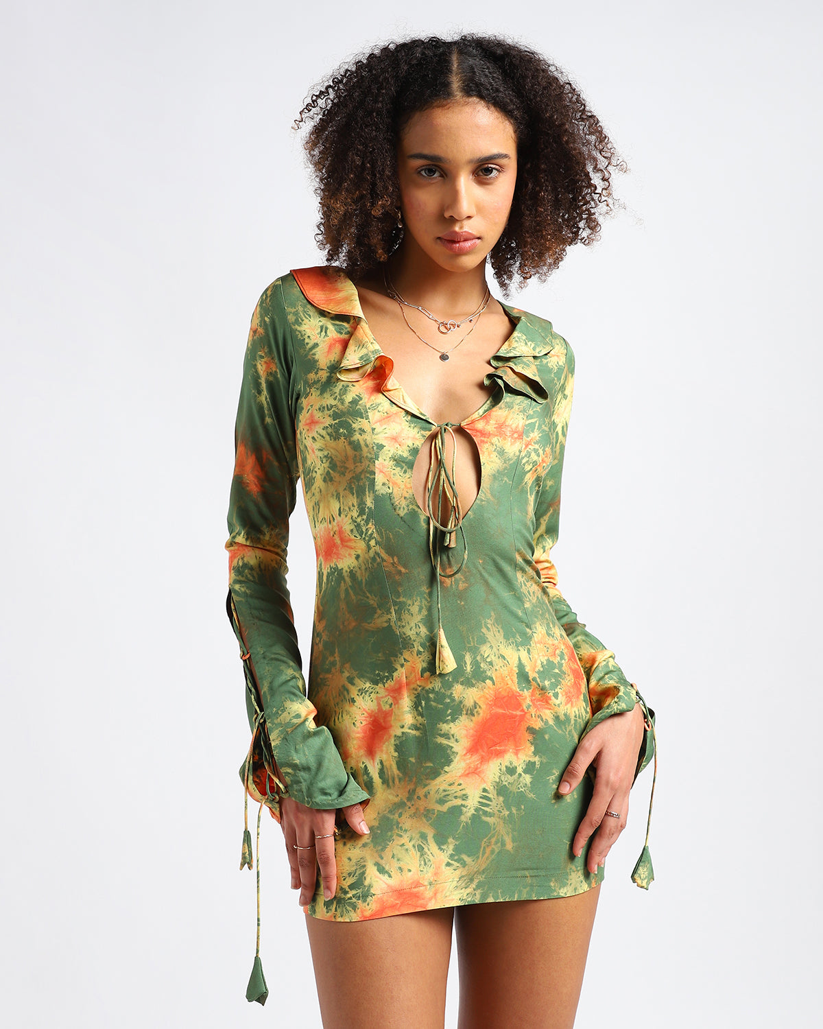 State Of Flow : Conscious Ruffled Key Hole Neck Line With Adjustable Bell Sleeves Mini Dress