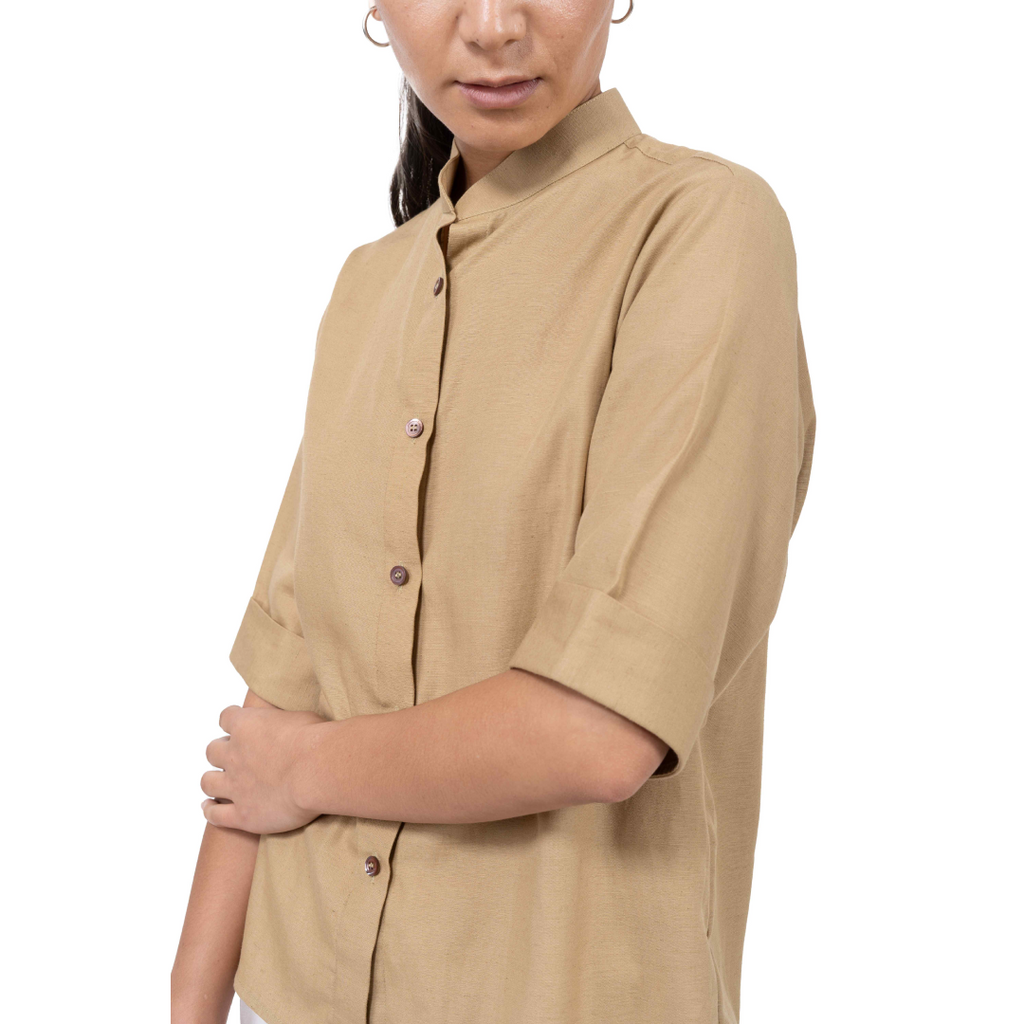 Beige Chinese Collar Short Sleeve Shirt