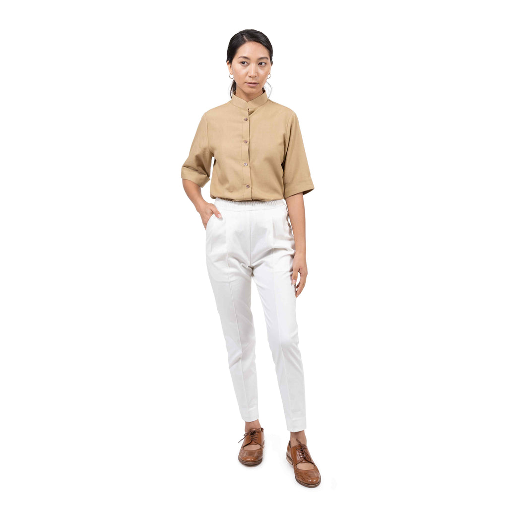 Beige Chinese Collar Short Sleeve Shirt