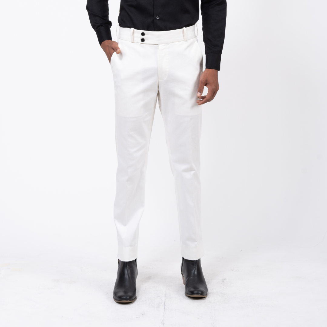 Organic White Broad Double Button Waist Stretchable Trousers
